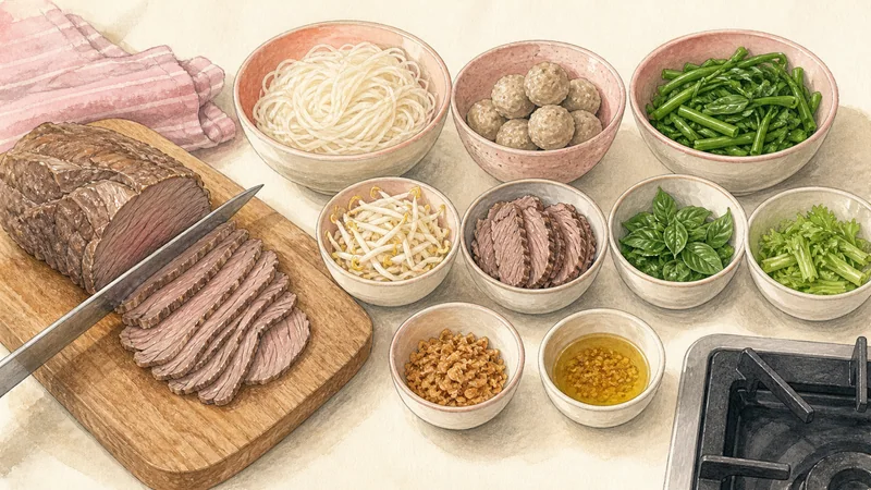 Beef Boat Noodles, step 11: Slice beef and stage eight bowls.