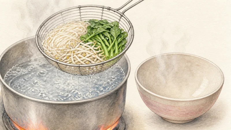 Beef Boat Noodles, step 12: Blanch noodles and vegetables by portion.