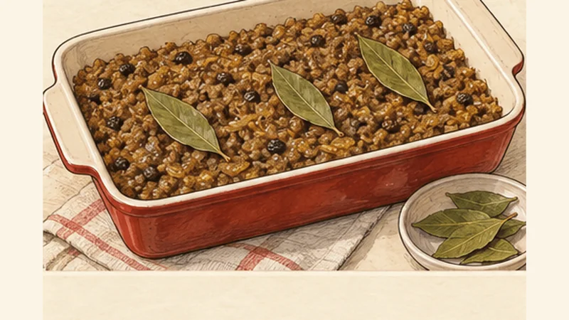 Cape Malay Bobotie with Yellow Rice, step 4: Pack into the baking dish.