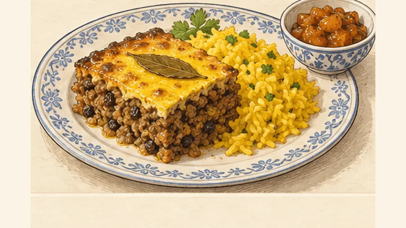 Cape Malay Bobotie with Yellow Rice, step 6: Rest and serve with yellow rice.