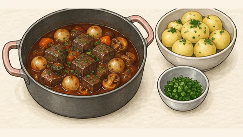 Boeuf Bourguignon, step 10: Rest and serve with potatoes.