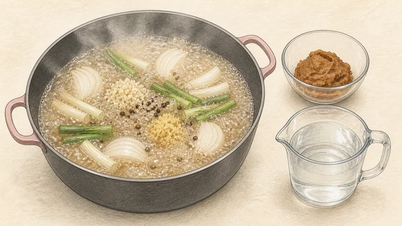 Bossam with radish salad, step 6: Build the doenjang poaching liquid.