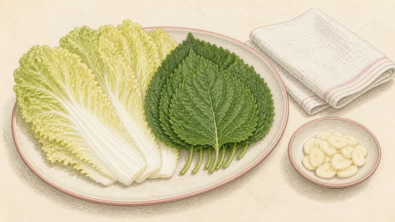 Bossam with radish salad, step 10: Prepare clean serving leaves.