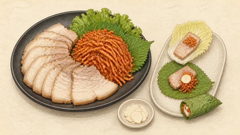 Bossam with radish salad, step 13: Arrange and build one-bite wraps.