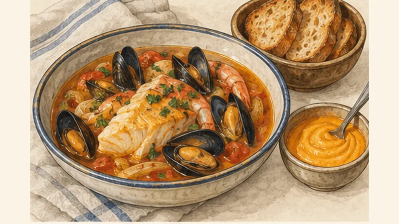 Marseille Bouillabaisse with Rouille, step 6: Toast the bread and serve.