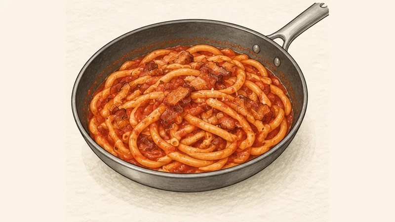 Bucatini all’Amatriciana, step 4: Finish in the sauce.