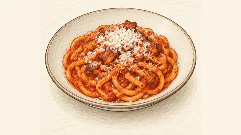 Bucatini all’Amatriciana, step 5: Add Pecorino and serve.