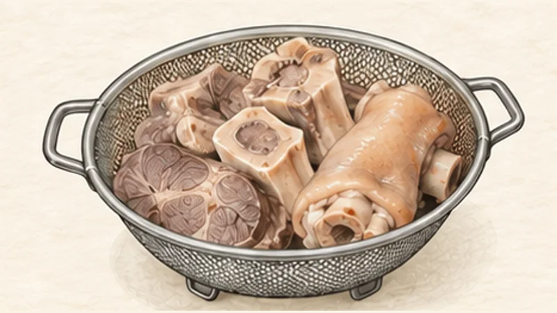 Huế Beef and Pork Noodle Soup, step 1: Blanch the bones and meat.