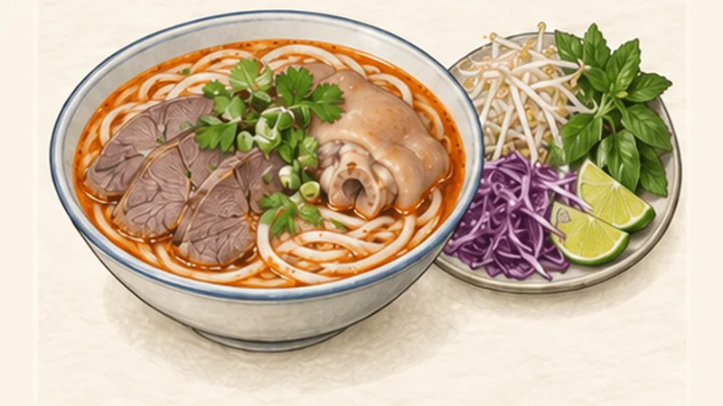 Huế Beef and Pork Noodle Soup, step 11: Serve the Huế noodle bowls.