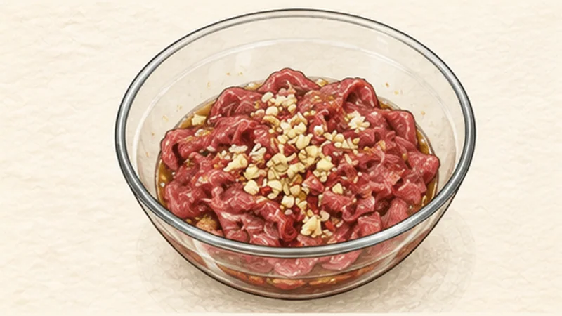 Bún bò Nam Bộ — beef noodle salad, step 1: Marinate the thin beef.