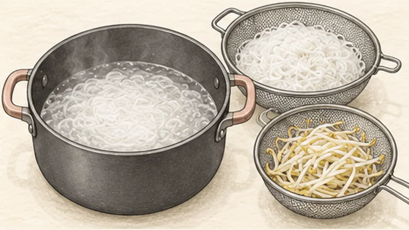 Bún bò Nam Bộ — beef noodle salad, step 4: Cook and drain the noodles and sprouts.