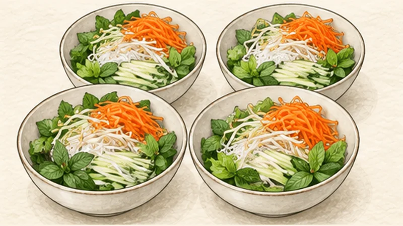 Bún bò Nam Bộ — beef noodle salad, step 5: Prepare the cool bowl base.