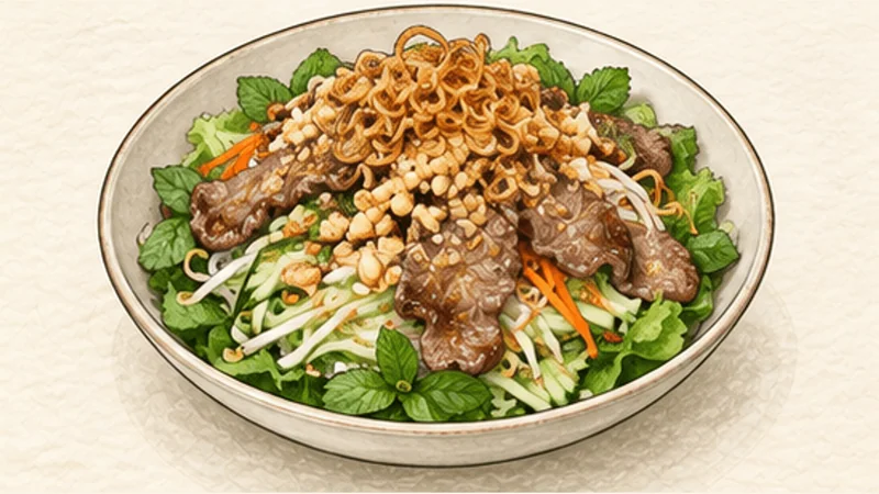 Bún bò Nam Bộ — beef noodle salad, step 7: Dress and finish just before eating.
