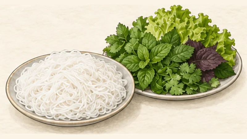 Hanoi Grilled Pork with Noodles (Bún Chả), step 5: Prepare noodles and greens.
