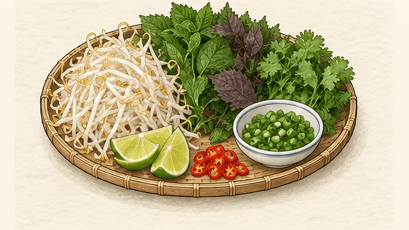 Crab and Tomato Noodle Soup (Bún Riêu), step 8: Prepare fresh accompaniments.
