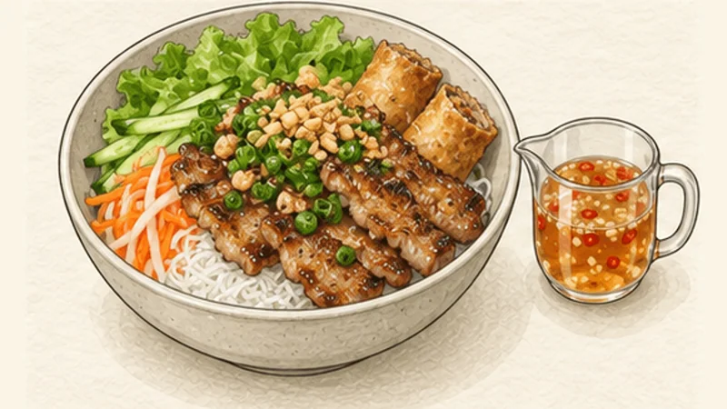 Grilled Pork Noodle Bowls (Bún Thịt Nướng), step 8: Finish the colourful bowls.