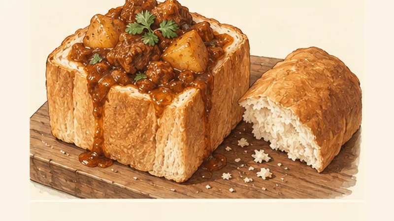 Durban Mutton Bunny Chow, step 6: Fill at the table and serve.