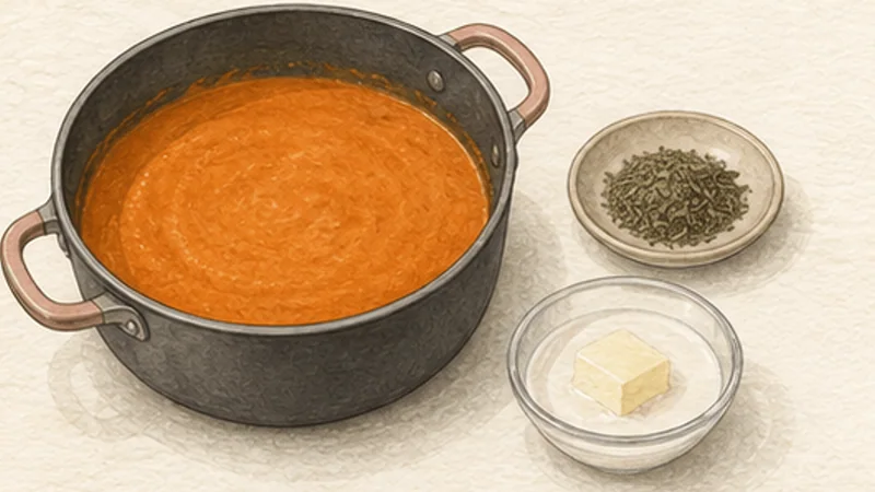 Butter Chicken, step 7: Finish with cream and fenugreek.