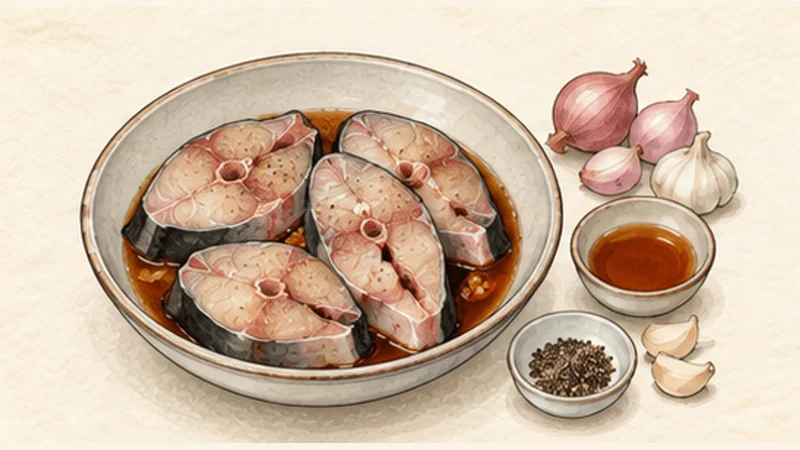Cá kho tộ — caramel-braised fish, step 1: Season the fish.