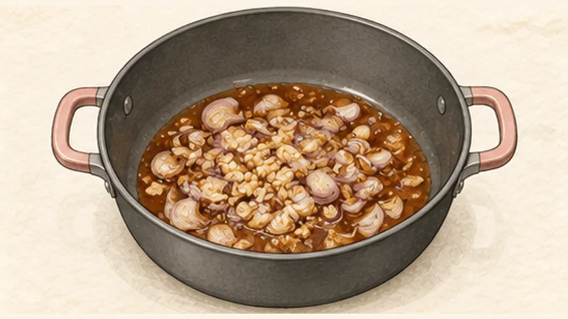 Cá kho tộ — caramel-braised fish, step 3: Loosen the caramel and soften aromatics.