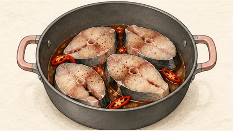 Cá kho tộ — caramel-braised fish, step 4: Arrange one layer.