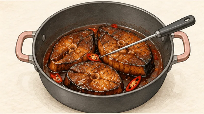 Cá kho tộ — caramel-braised fish, step 6: Reduce to a glaze.