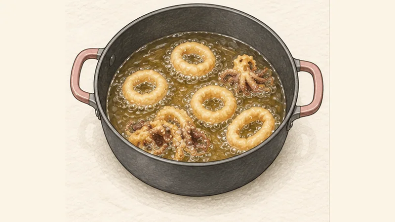 Calamares a la Romana, step 4: Dust, batter and fry in small batches.