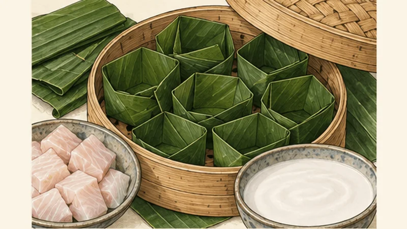 Cambodian Fish Amok (Amok Trey), step 2: Prepare the leaf cups.