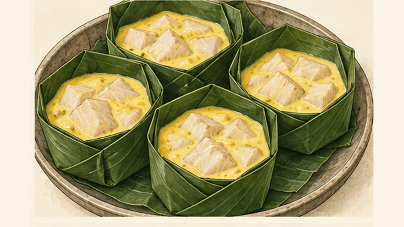 Cambodian Fish Amok (Amok Trey), step 4: Fold in the fish.