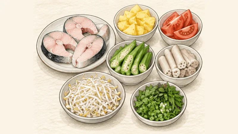 Canh chua cá — sweet-sour fish soup, step 2: Prepare the vegetables and fish.