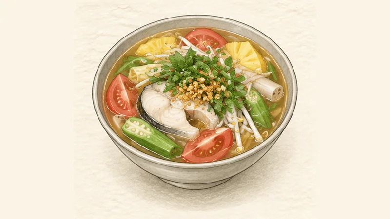 Canh chua cá — sweet-sour fish soup, step 6: Finish with herbs and garlic.