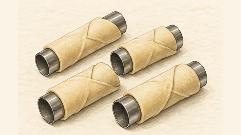 Cannoli Siciliani, step 3: Roll and wrap the tubes.