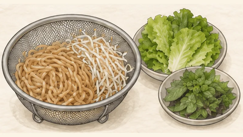 Cao Lầu — Hội An Pork Noodles, step 6: Prepare noodles, sprouts, and herbs.