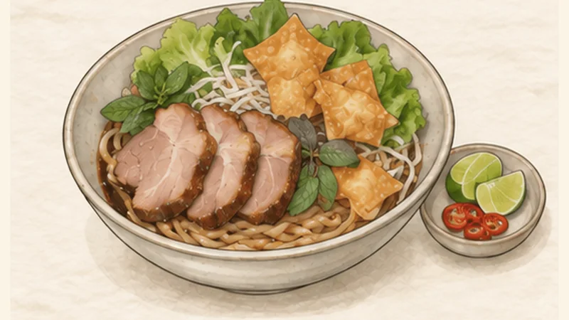 Cao Lầu — Hội An Pork Noodles, step 8: Assemble a lightly sauced bowl.