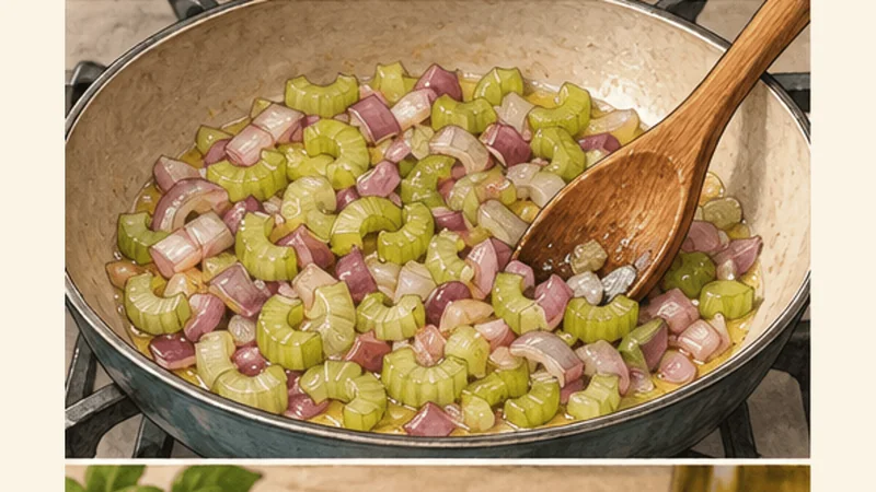 Sicilian Caponata (Sweet-and-Sour Eggplant), step 3: Cook celery and onion.
