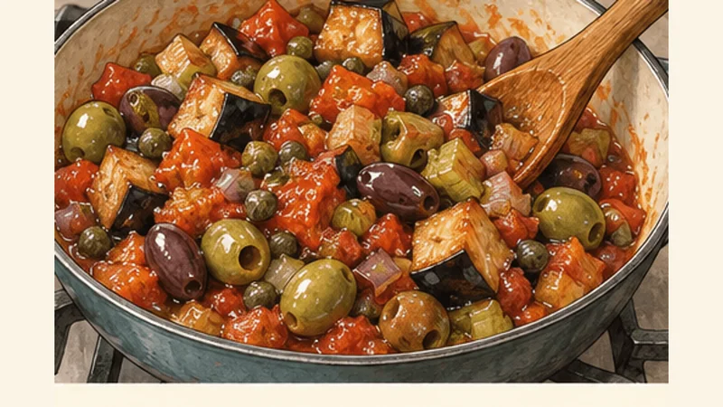 Sicilian Caponata (Sweet-and-Sour Eggplant), step 5: Combine olives, capers and eggplant.