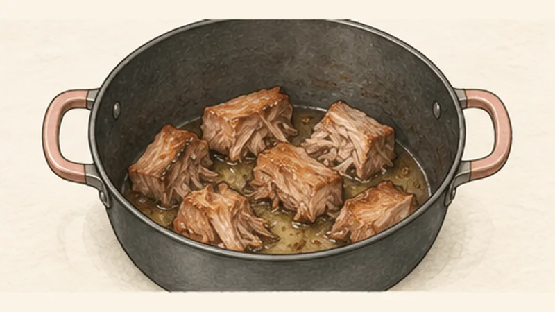 Carnitas, step 6: Let the liquid reduce away.