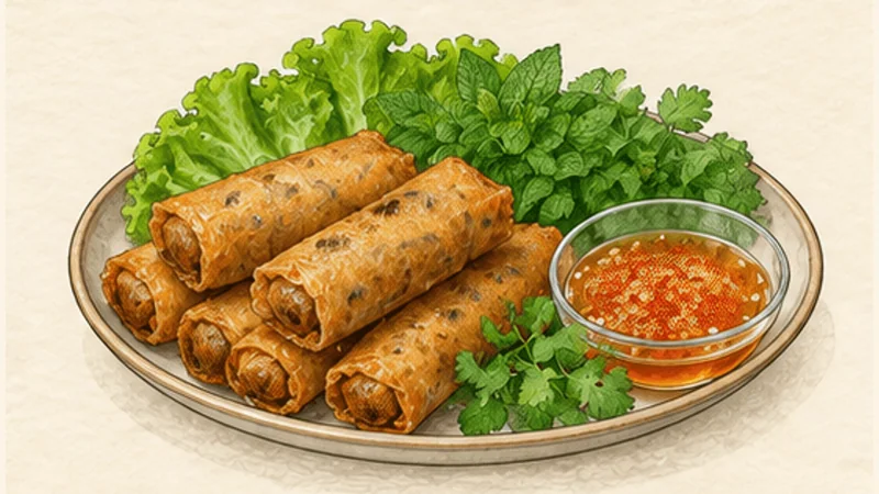 Chả Giò — Crispy Spring Rolls, step 8: Serve with cool greens.