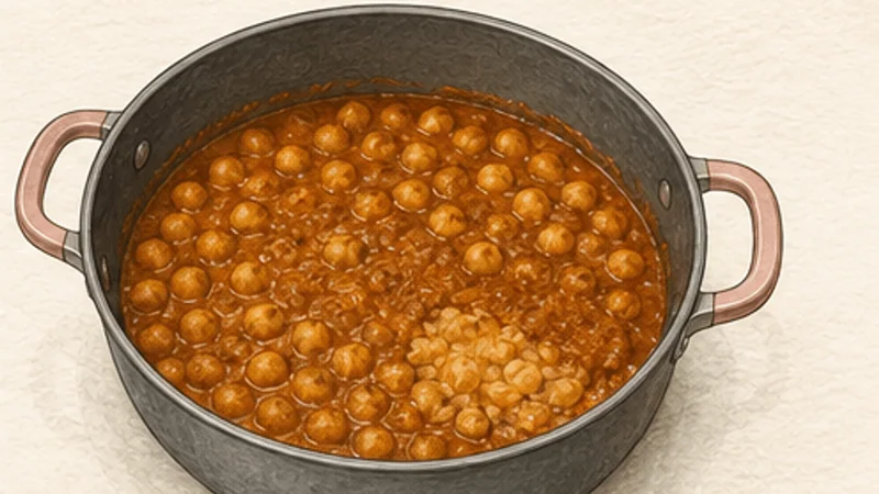 Chana Masala, step 5: Simmer chickpeas in the masala.