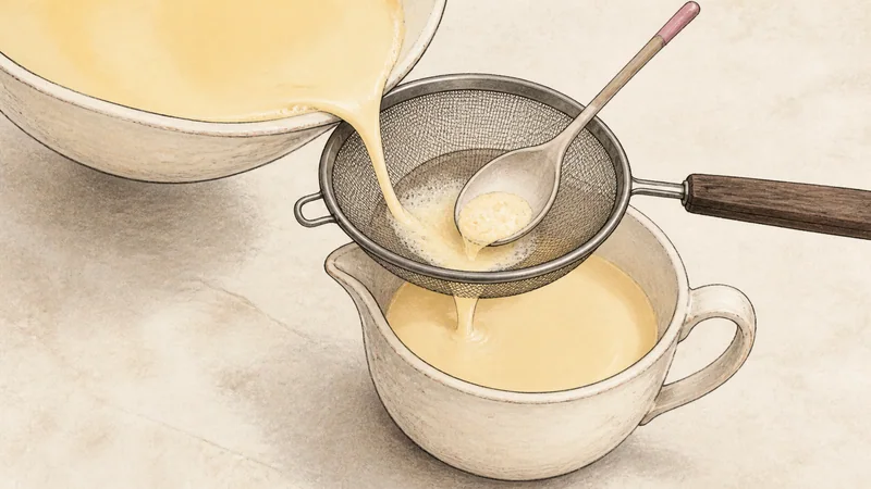 Silky mushroom and mitsuba chawanmushi, step 3: Strain the egg.