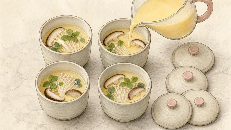 Silky mushroom and mitsuba chawanmushi, step 5: Fill the steaming cups.