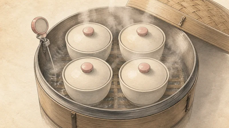 Silky mushroom and mitsuba chawanmushi, step 6: Steam gently.
