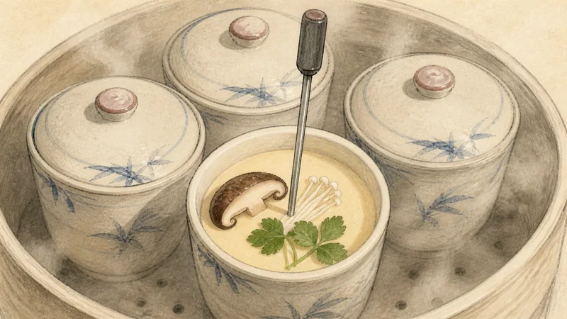 Silky mushroom and mitsuba chawanmushi, step 7: Check the egg safety.