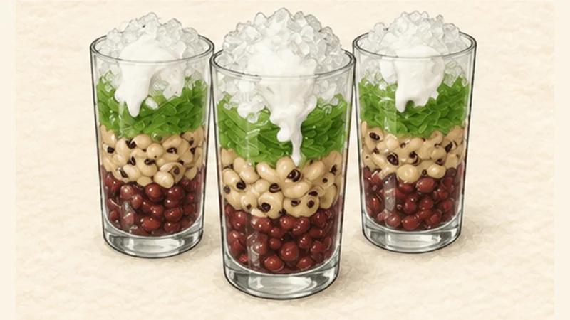 Chè ba màu — three-colour iced dessert, step 9: Layer and serve immediately.