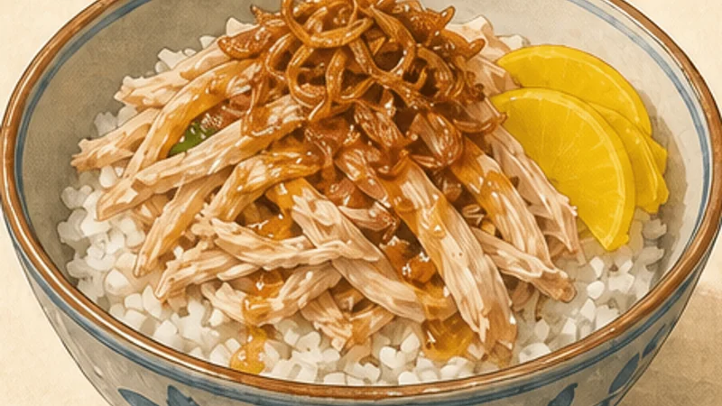Chiayi Turkey Rice, step 6: Layer the bowls.