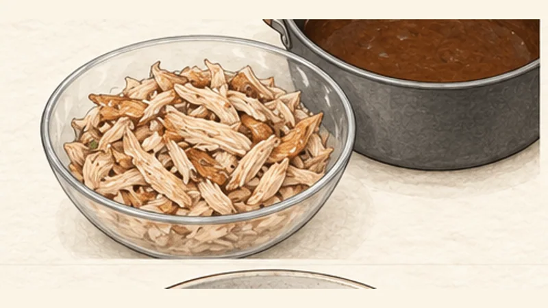 Chicken and Sausage Gumbo, step 9: Shred the chicken.