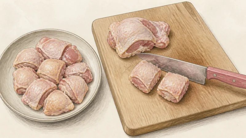 Chicken karaage, step 1: Cut and portion the chicken.