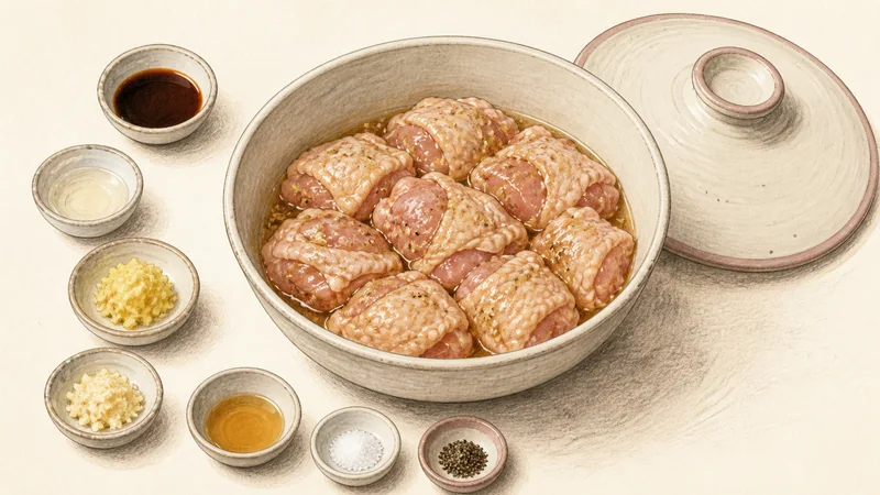 Chicken karaage, step 2: Marinate for 30 minutes.