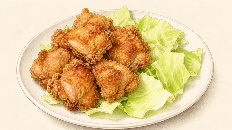 Chicken karaage, step 8: Serve on cabbage.