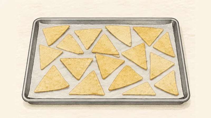 Chilaquiles Verdes, step 1: Dry and cut the tortillas.